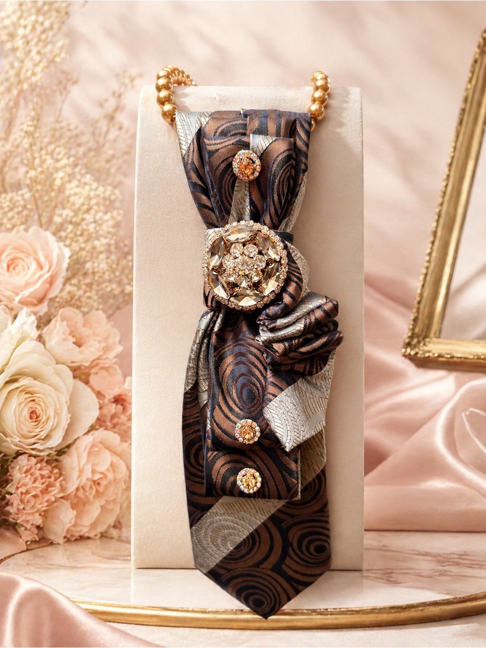 Elegant Brown & Gold Brooched Necktie Necklace